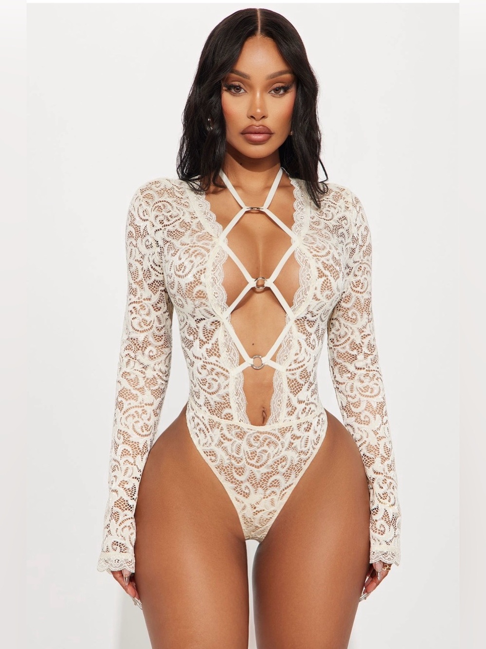 Lace Strappy Deep-V Long Sleeve Bodysuit - Cream
